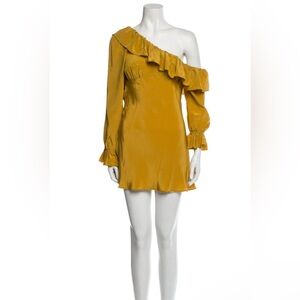 Stone Cold Fox Silk One-Shoulder Ruffle Dress in Mustard XS / 0